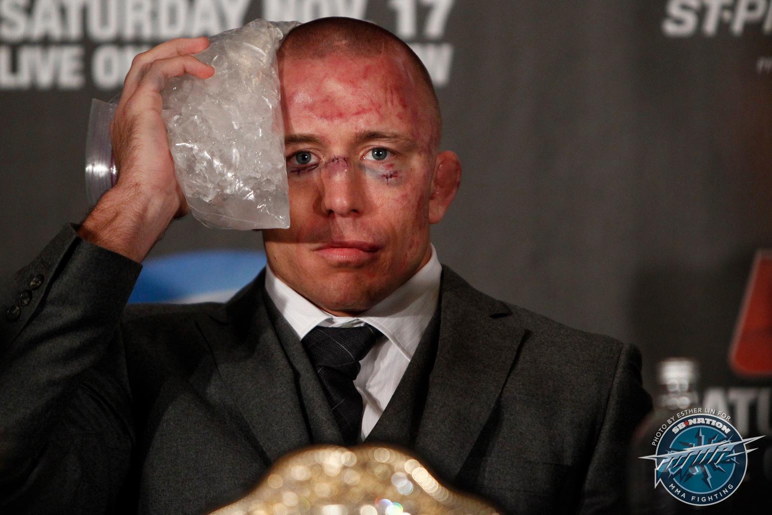 St. Pierre Post fight with Condit at Press Conference Swollen head